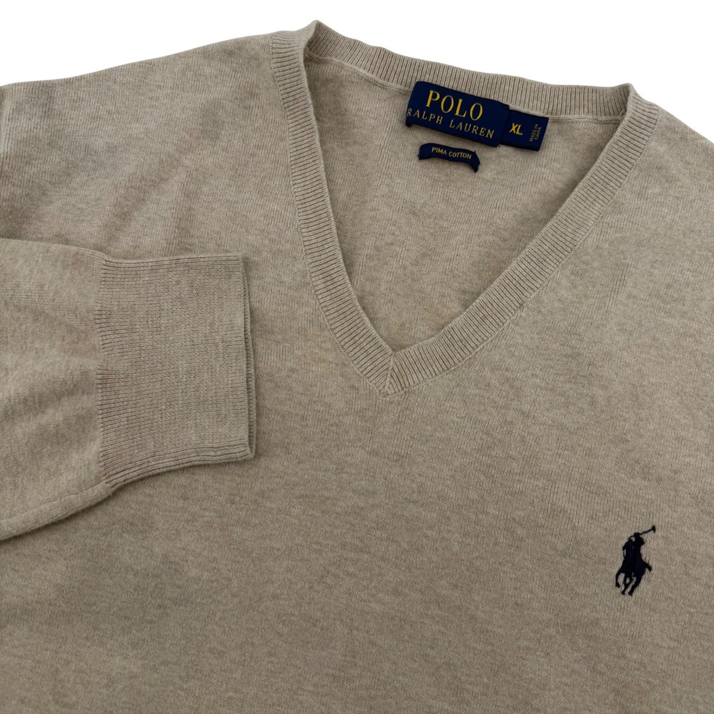 Polo Ralph Lauren Sweater Mens XL Tan Pima Cotton V-Neck Long Sleeve Pony Logo
